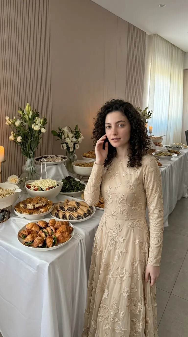 A beige evening dress with long sleeves and a high round collar, decorated with delicate floral and leaf embroidery throughout. The dress has a fitted waist with a long, flared skirt, made of delicate tulle over an opaque base layer in a matching shade.