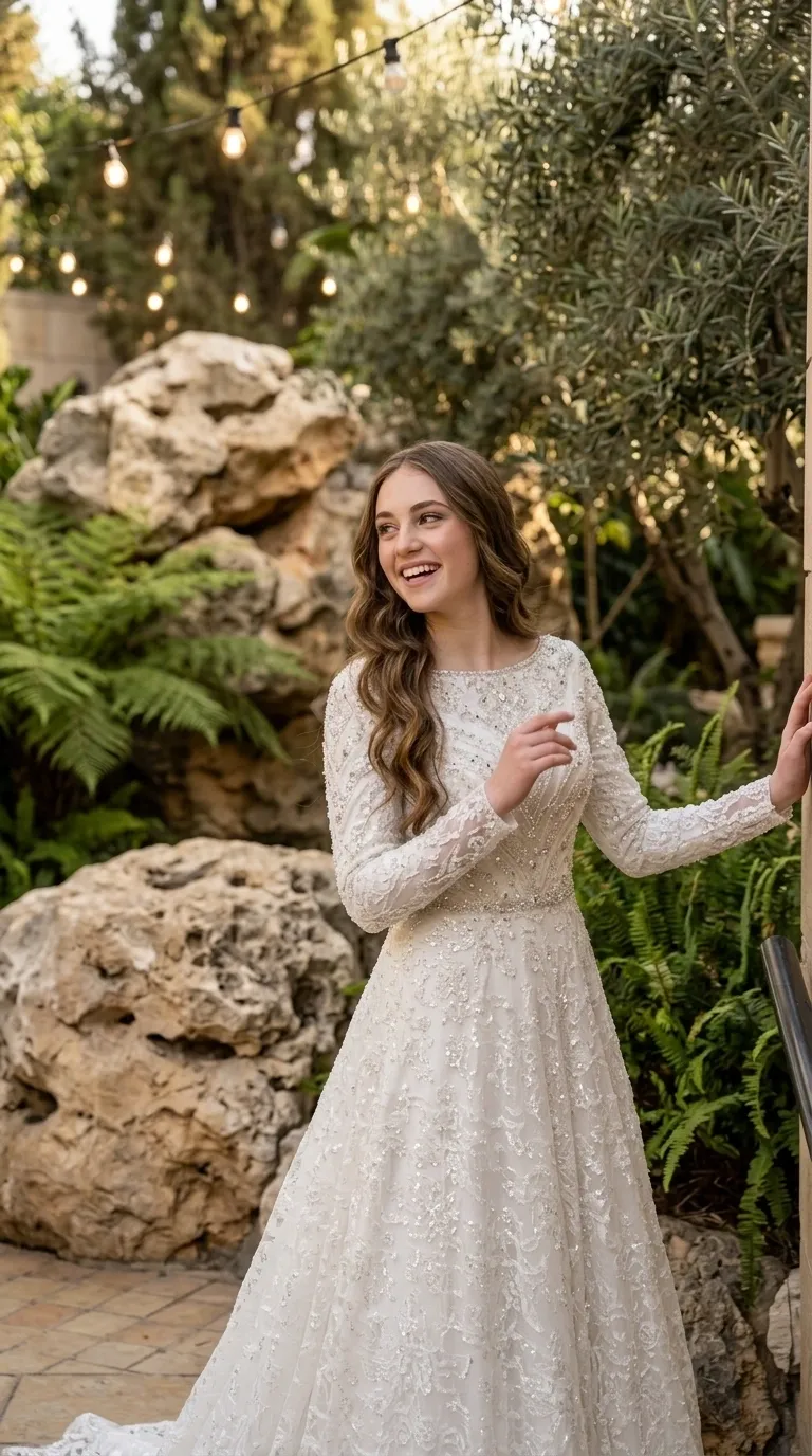 שמלת כלה לבנה בגזרת A עם שרוולים ארוכים וצווארון עגול, העשויה מבד תחרה עדין המשלב שקיפויות עדינות בזרועות. השמלה מעוטרת לכל אורכה ברקמה עשירה של חרוזים ופייטים נוצצים, וכוללת חגורת מותן מעוטרת וחצאית רחבה עם דוגמאות פרחוניות מורכבות.