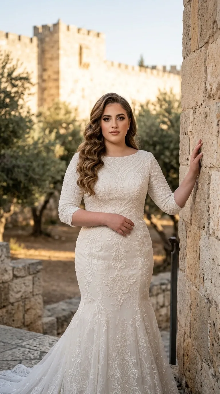 שמלת כלה בגזרת בת הים עם שובל ארוך, עשויה מבד לבן המכוסה כולו ברקמת תחרה עשירה ובשיבוץ חרוזים בדוגמאות סימטריות מורכבות. לשמלה מחשוף עגול וגבוה ושרוולים צמודים באורך שלושה רבעים המעוטרים באותה דוגמת רקמה לאורכם.