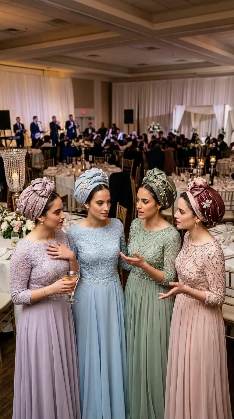Long A-line evening dresses feature a fitted bodice with three-quarter or long sleeves and a round neckline. The bodice is adorned with delicate lace or intricate beading and sequin embroidery, which connects to a flowing skirt made of lightweight fabric with subtle gathers at the accentuated waistline.