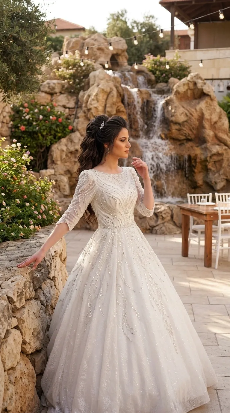A white princess-cut wedding dress with a round neckline and three-quarter length sleeves. The dress is decorated throughout with rich embroidery of sparkling beads and sequins that create geometric patterns at the top and flowing patterns along the puffy skirt made of layers of tulle.