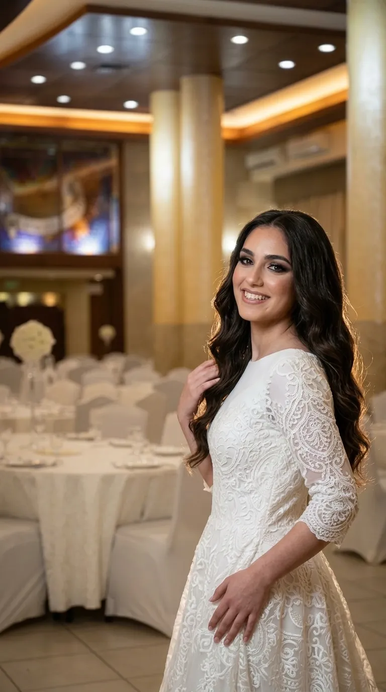 שמלת כלה לבנה ומרשימה המעוטרת כולה בעבודת תחרה עשירה בדגמים פרחוניים מעל שכבת בד אטומה. השמלה מעוצבת בגזרה קלאסית עם מחשוף צוואר עגול וגבוה ושרוולי תחרה שקופים למחצה באורך שלושה רבעים.