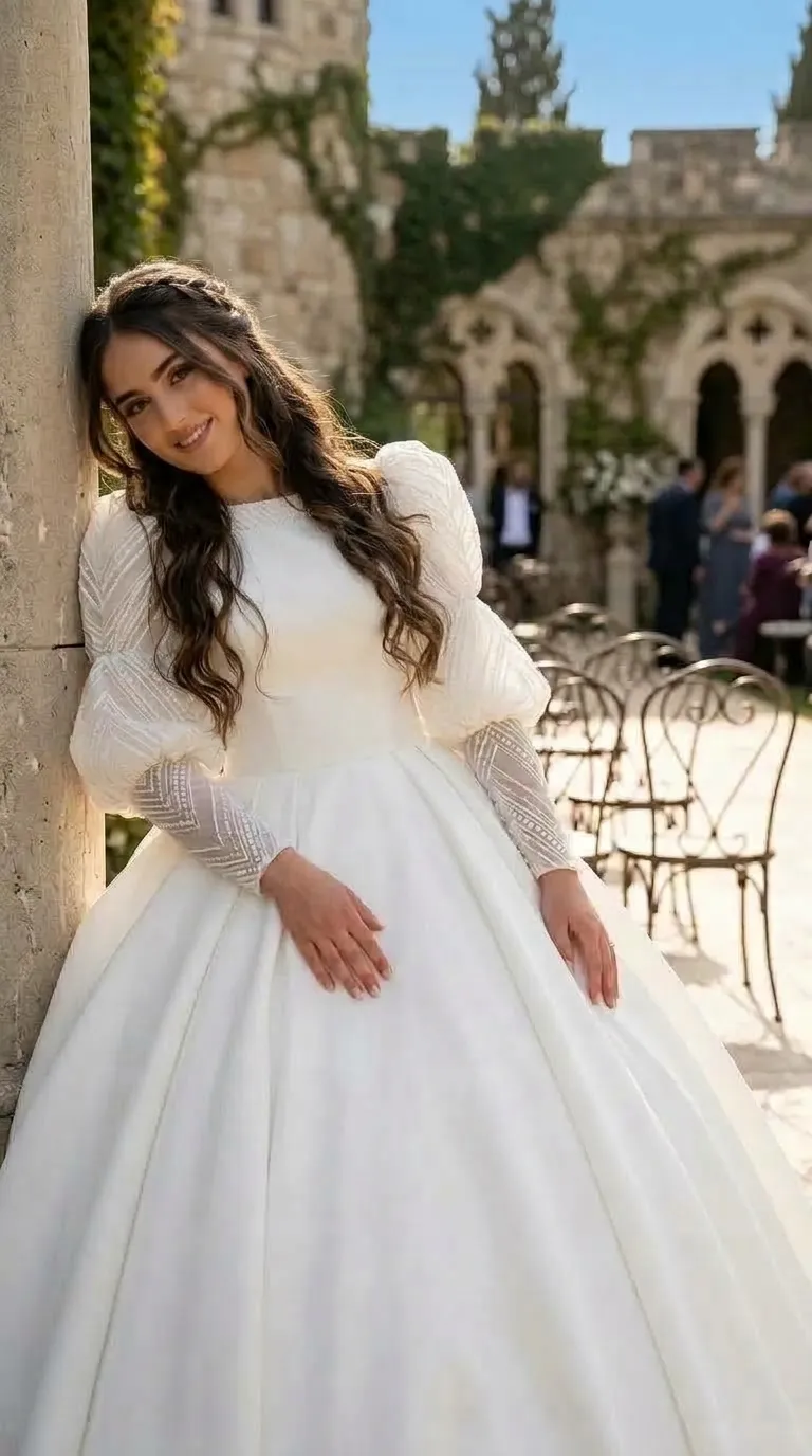 שמלת כלה לבנה בגזרת נסיכה בעלת מחשוף צוואר עגול וגבוה וחלק עליון צמוד מבד סאטן חלק. השרוולים ארוכים ודרמטיים, המשלבים נפח רב בחלק העליון וסיומת צמודה מבד רשת מעוטר בדוגמאות גיאומטריות של חרוזים ותחרה. חצאית השמלה נפוחה ועשירה בבד עם כיווצים עדינים במותן, המעניקים לה מראה מלכותי וקלאסי.