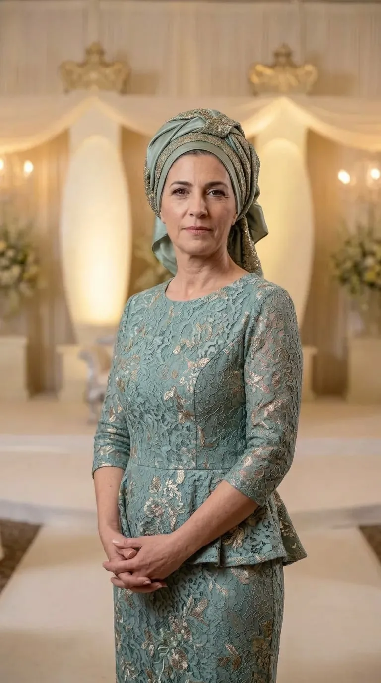 A sage green evening dress made of rich lace fabric with golden floral embroidery and metallic embellishments. The dress is designed in a peplum cut with a closed round neckline, three-quarter length sleeves and a matching straight-cut skirt.