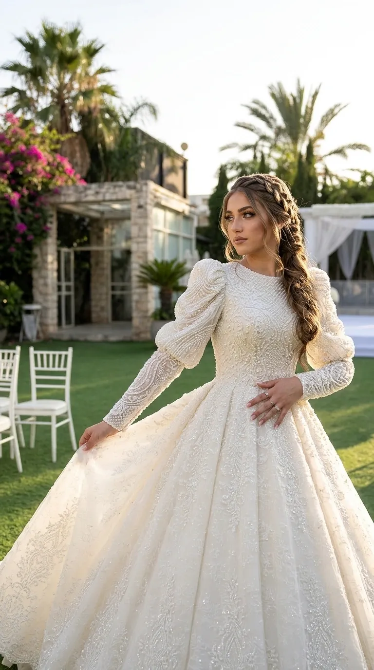 A puffy princess-cut wedding dress with a high round neckline and long sleeves featuring puffy, embellished shoulders. The dress is made of a rich fabric covered entirely in intricate handwork of lace, pearls, and delicate beading in ornamental patterns. The lower part of the dress consists of a wide, impressive skirt with matching lace trim scattered throughout.