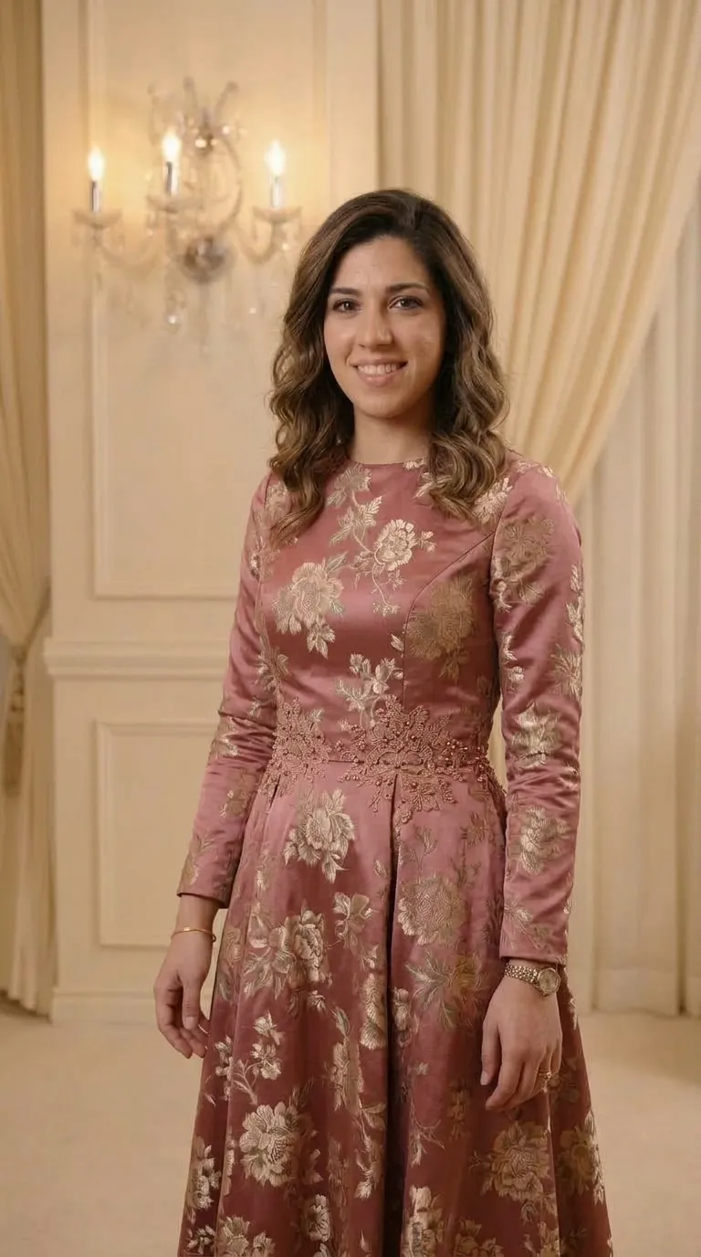 An A-line evening dress in antique pink brocade fabric, decorated with a golden floral pattern woven along the length. The dress has long sleeves, a high round neckline, and a waist belt accented with delicate lace and beading.