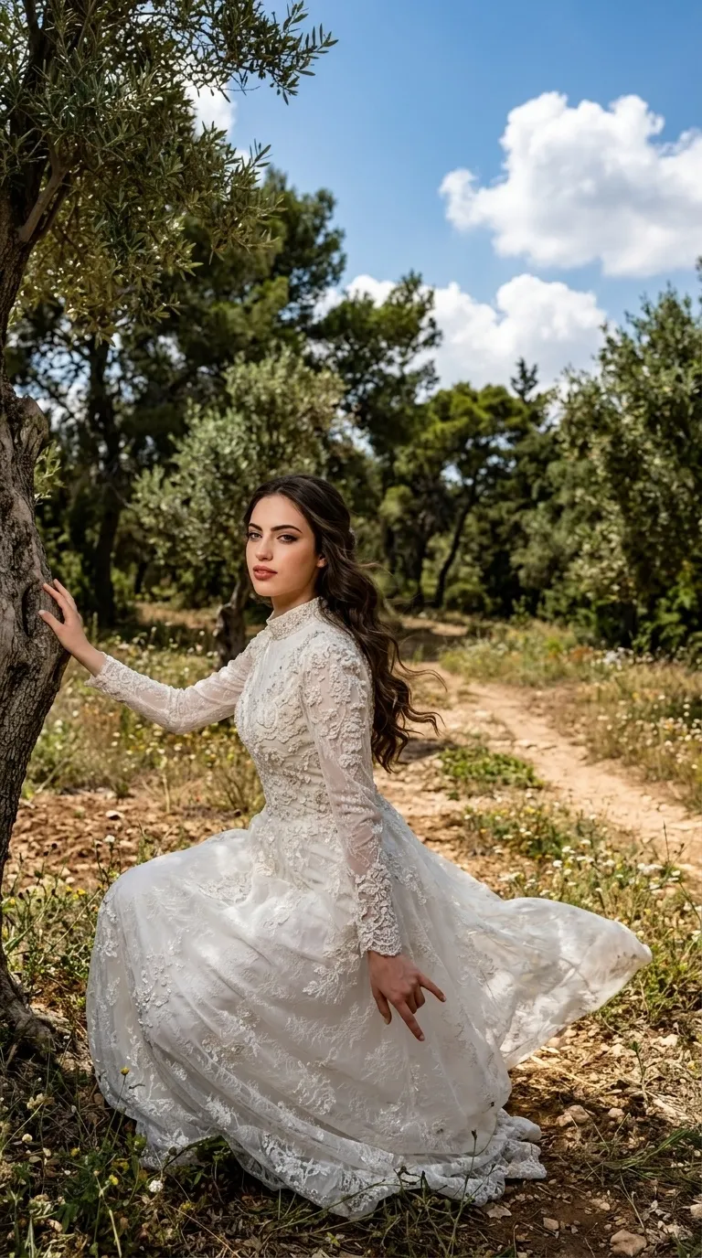 שמלת כלה לבנה בגזרה נפוחה ושופעת העשויה משכבות תחרה עשירה ועיטורי פרחים תלת-ממדיים. השמלה כוללת צווארון גבוה ושרוולים ארוכים וצמודים מבד שקוף למחצה המעוטרים ברקמה צפופה ובחרוזים עדינים לאורכם.