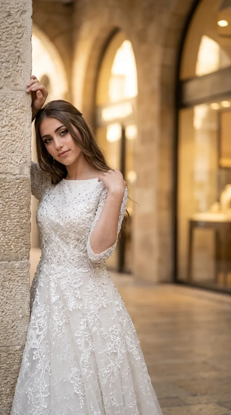 שמלת כלה לבנה בגזרת A בעלת מחשוף סירה סגור ושרוולים באורך המרפק העשויים בד תחרה עדין. השמלה מעוטרת ברקמות תחרה פרחוניות עשירות, פאייטים מנצנצים וחרוזים עדינים המשובצים לכל אורך הבגד. חלקו העליון של הבגד צמוד ומובנה, והחצאית מתרחבת בעדינות למראה קלאסי ואלגנטי.