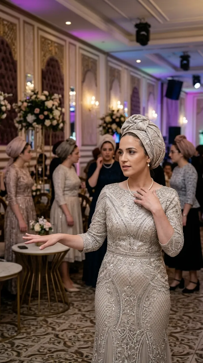 A fitted evening dress that flares out at the bottom, made of champagne-colored fabric decorated throughout with intricate embroidery of silver beads, sequins, and rich geometric patterns. The dress has a high round neckline, three-quarter sleeves, and a stone-embellished waistband, while the bottom combines mesh and vertical patterns that accentuate the silhouette.
