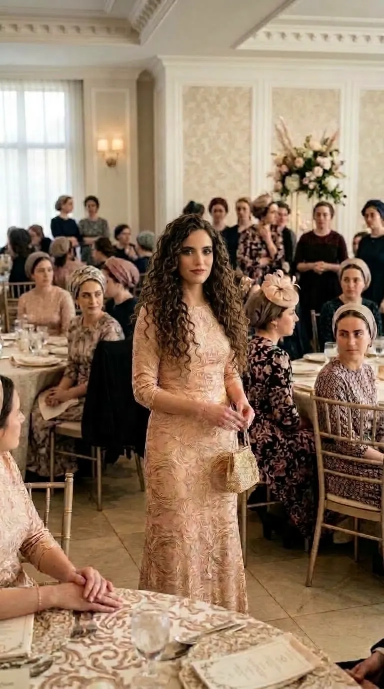 A peach-golden, form-fitting evening gown made from a fabric with a striking texture of ornate leaf patterns. The dress has three-quarter sleeves and a closed round neckline that give it an elegant and refined look. The fabric is characterized by a subtle sheen and a rich three-dimensional look throughout the entire item.