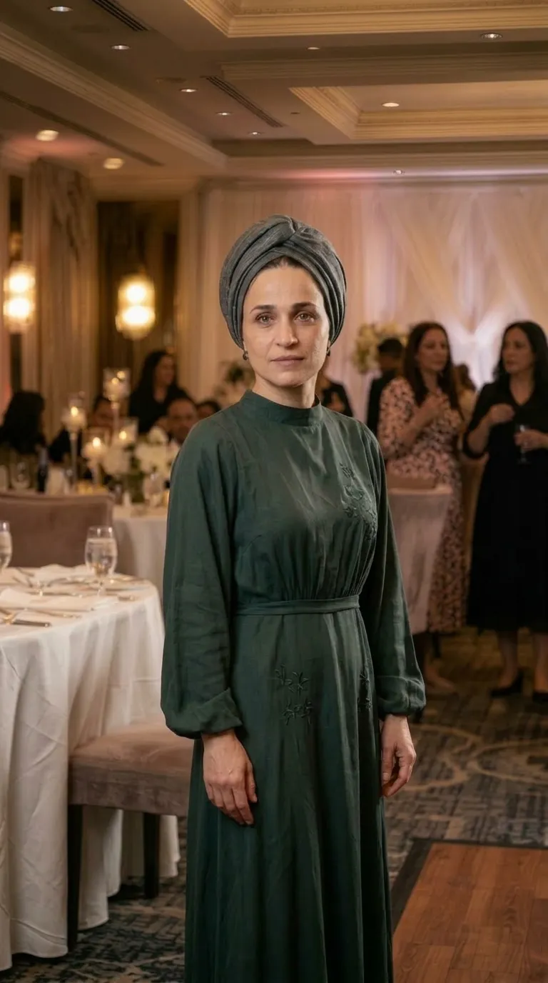 A dark green maxi dress in matte fabric, with a high collar and long balloon sleeves gathered at the cuffs. The dress has a fitted silhouette that is accentuated at the waist by a matching fabric belt, and is decorated with delicate floral embroidery in the same shade on the front of the blouse and skirt.