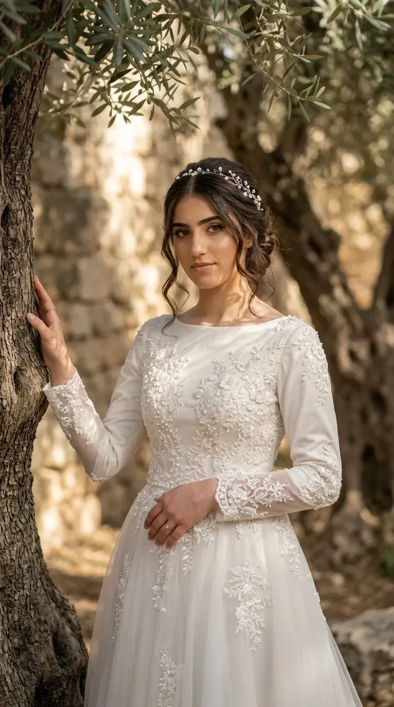 שמלת כלה לבנה בגזרת A עם מחשוף סירה, המשלבת בד טול רך ואפליקציות תחרה פרחוניות עשירות המעוטרות בפנינים וחרוזים עדינים. לשמלה שרוולים ארוכים המעוטרים בתחרה לכל אורכם, ועיטורי התחרה מהחלק העליון גולשים בטבעיות אל תוך החצאית הנפוחה.