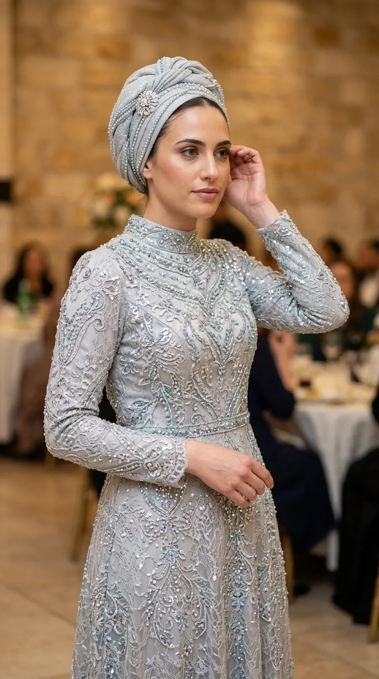A luxurious silver-blue evening dress with long sleeves and a high collar, made of rich lace fabric and decorated throughout with beaded embroidery and sparkling sequins in ornamental patterns. The dress is fitted at the waist and flares downwards, and is complemented by a matching turban-style headpiece decorated with a prominent crystal brooch.