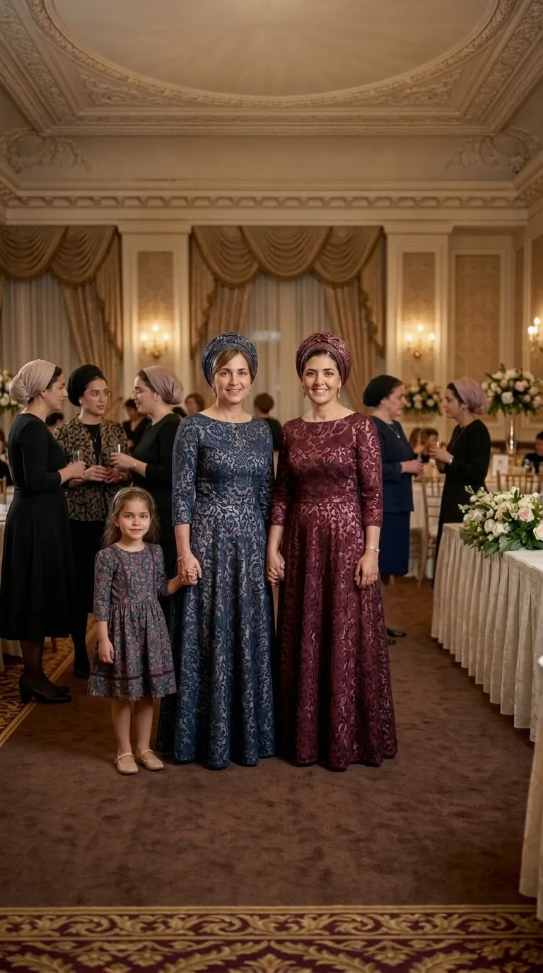 A long A-line evening dress with a defined waist and flowing skirt, made of textured brocade fabric with intricate decorative patterns. The dress has three-quarter length sleeves and a high, closed boat neckline that gives an elegant and dignified look.
