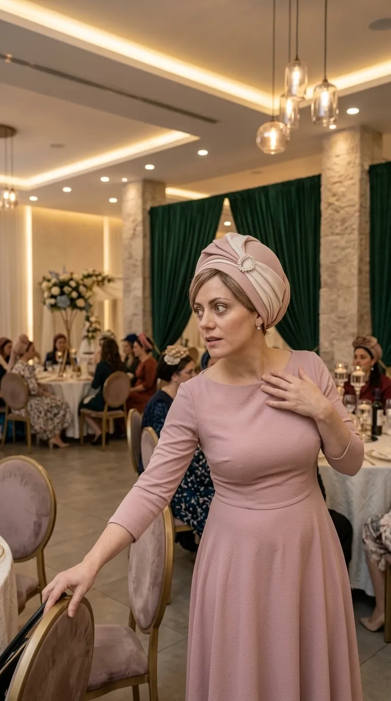An antique pink evening dress made of a delicately textured fabric, in an A-line cut with a defined waist and a flared skirt. The dress has a wide boat neckline and tight three-quarter length sleeves, in a clean and minimalist design without embellishments, lace or beads.