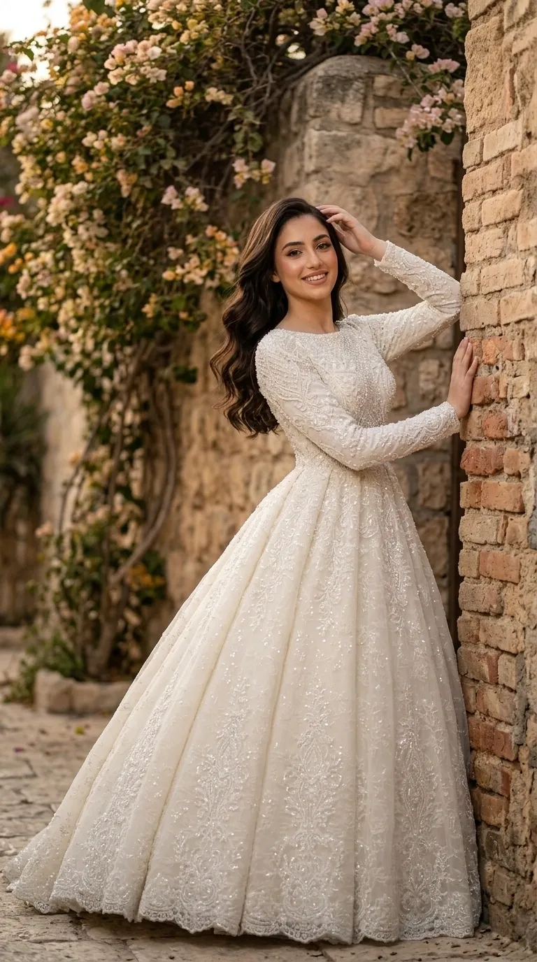 A cream-colored wedding dress with a puffy A-line silhouette with long sleeves and a modest, closed boat neckline. The entire garment is decorated with rich lace, intricate embroidery, and shimmering beading that covers the bodice and skirt along its entire length. The skirt hem is finished with a delicate lace trim that gives the dress a luxurious and classic look.