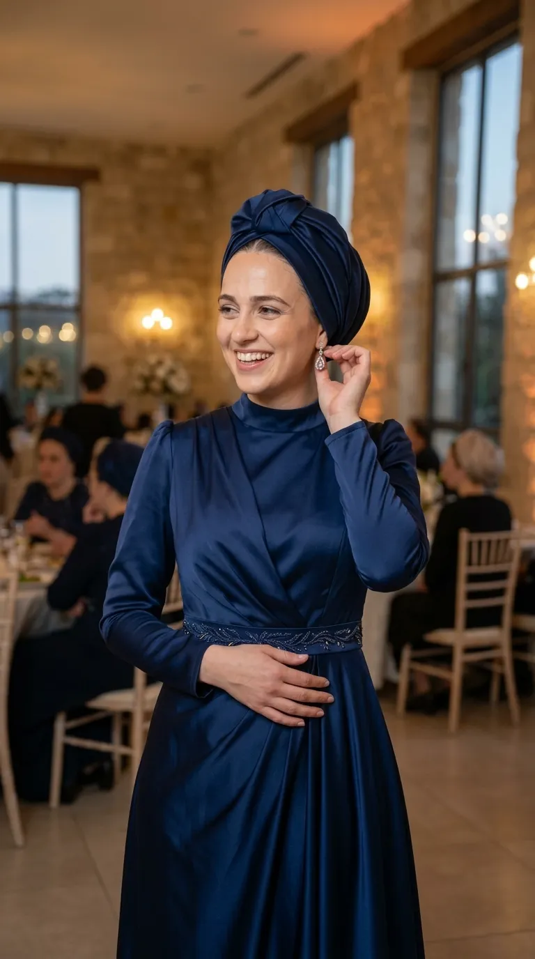 A dark blue satin evening dress with a high collar and long sleeves with a slight volume at the shoulders. The dress has a wrap-like top that integrates with a delicate beaded waist belt, from which a long, flowing skirt extends.
