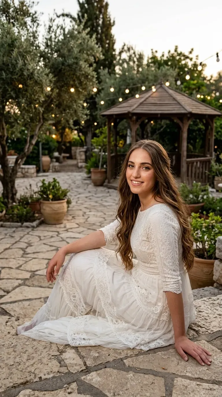 שמלת כלה לבנה וארוכה בגזרת קומות נשפכת, המשלבת בד קליל עם פסי תחרה רחבים לאורך החצאית. לשמלה צווארון עגול וסגור ושרוולים צמודים באורך המרפק העשויים כולם מבד תחרה עדין בדוגמאות רקומות. חלק הגוף העליון מעוטר בתחרה תואמת הממשיכה את הקו העיצובי של השרוולים ויוצרת מראה בוהמי עשיר.