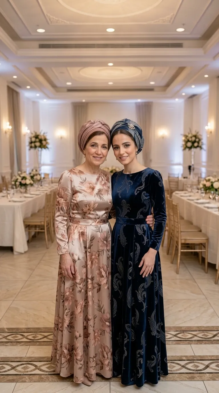 A long A-line evening dress made of antique pink satin with large floral prints, featuring long sleeves and a closed round neckline. Alongside it is a long evening dress made of dark blue velvet with silver paisley decorations, featuring long sleeves, a round neckline and a waist-enhancing cut that flares downwards.
