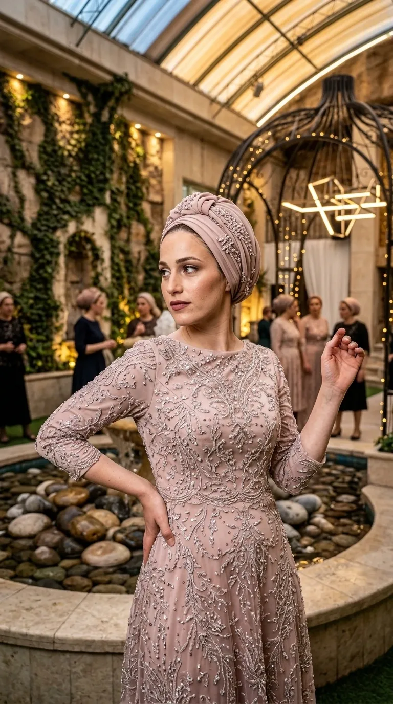 An antique pink evening dress in an A-line cut with a defined waist, featuring a round neckline and tight three-quarter length sleeves. The dress is made of a delicate fabric covered entirely in beaded and sequined embroidery rich in floral and arabesque patterns, combined with a matching turban-style headpiece adorned with identical embellishments.