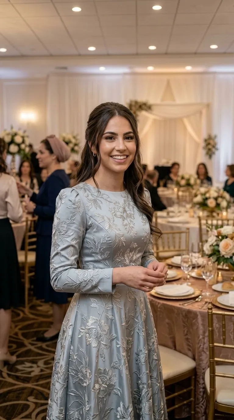 An A-line evening dress in a light-blue-gray hue, featuring a round, closed neckline and long sleeves with a slight rise at the shoulders. The fabric is decorated throughout with a rich, prominent floral embroidery in shades of silver, giving it a luxurious textural appearance. The dress is fitted at the waist and flares downwards into a full, flowing skirt.