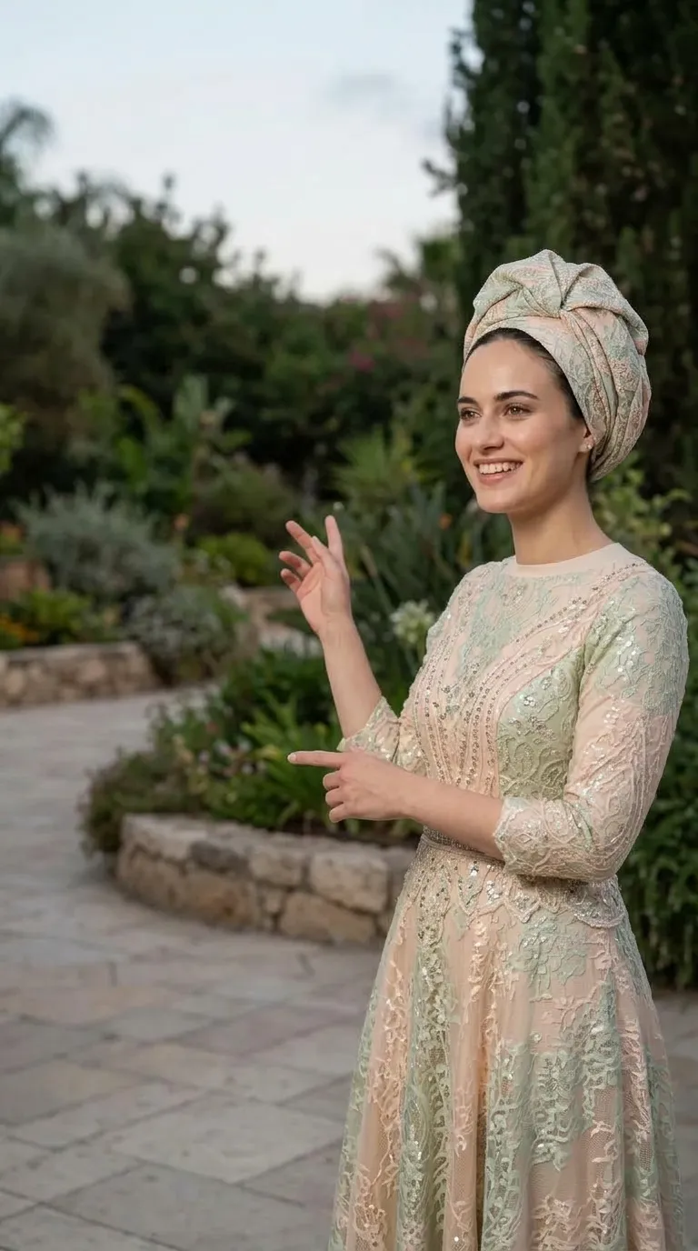 A modest A-line evening dress in pastel shades of peach and mint, with three-quarter sleeves and a round, closed neckline. The dress is made of rich lace fabric decorated with delicate embroidery and shimmering sequins along the length, with a thin beaded belt that emphasizes the waist. The bottom of the dress gently flares out for an elegant and flowing look.