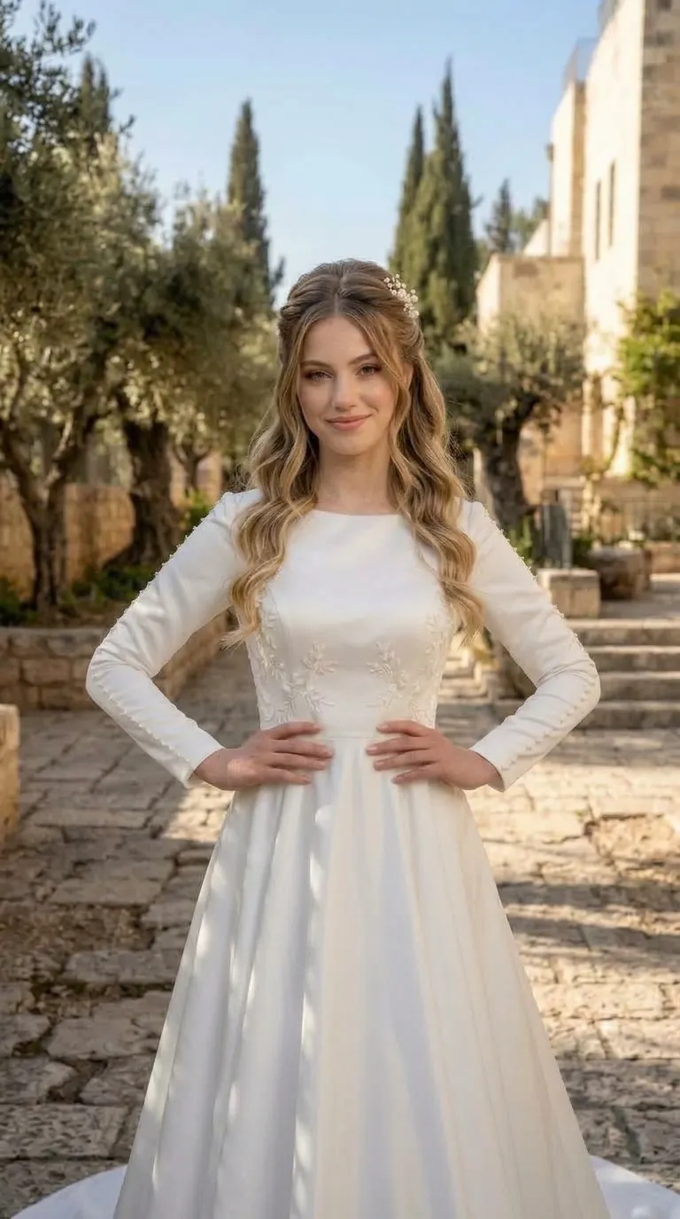 שמלת כלה בגוון לבן צחור העשויה מבד במרקם חלק עם שרוולים ארוכים המעוטרים בחרוזים עדינים לאורך הכתף והזרוע. לחלק העליון מחשוף סירה סגור ועיטורי תחרה פרחוניים רקומים במרכז, והיא מתרחבת מהמותן לחצאית קפלים עשירה בגזרת A.