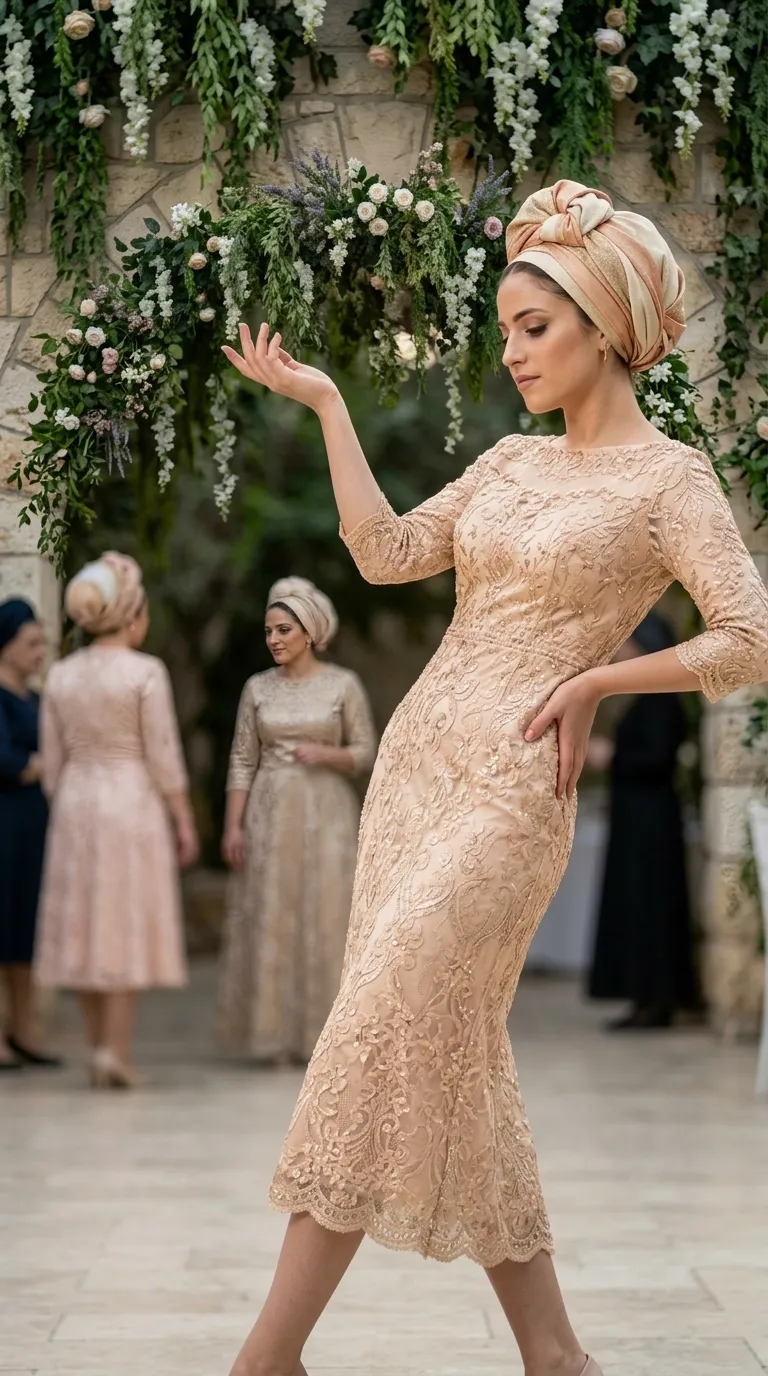 A champagne-colored evening dress in a fitted mermaid cut, midi length, made of rich lace fabric with floral patterns and delicate beading embellishments that give it shine. The dress has fitted three-quarter sleeves and an elegant boat neckline with a sheer mesh layer at the top, and a scalloped lace hem.