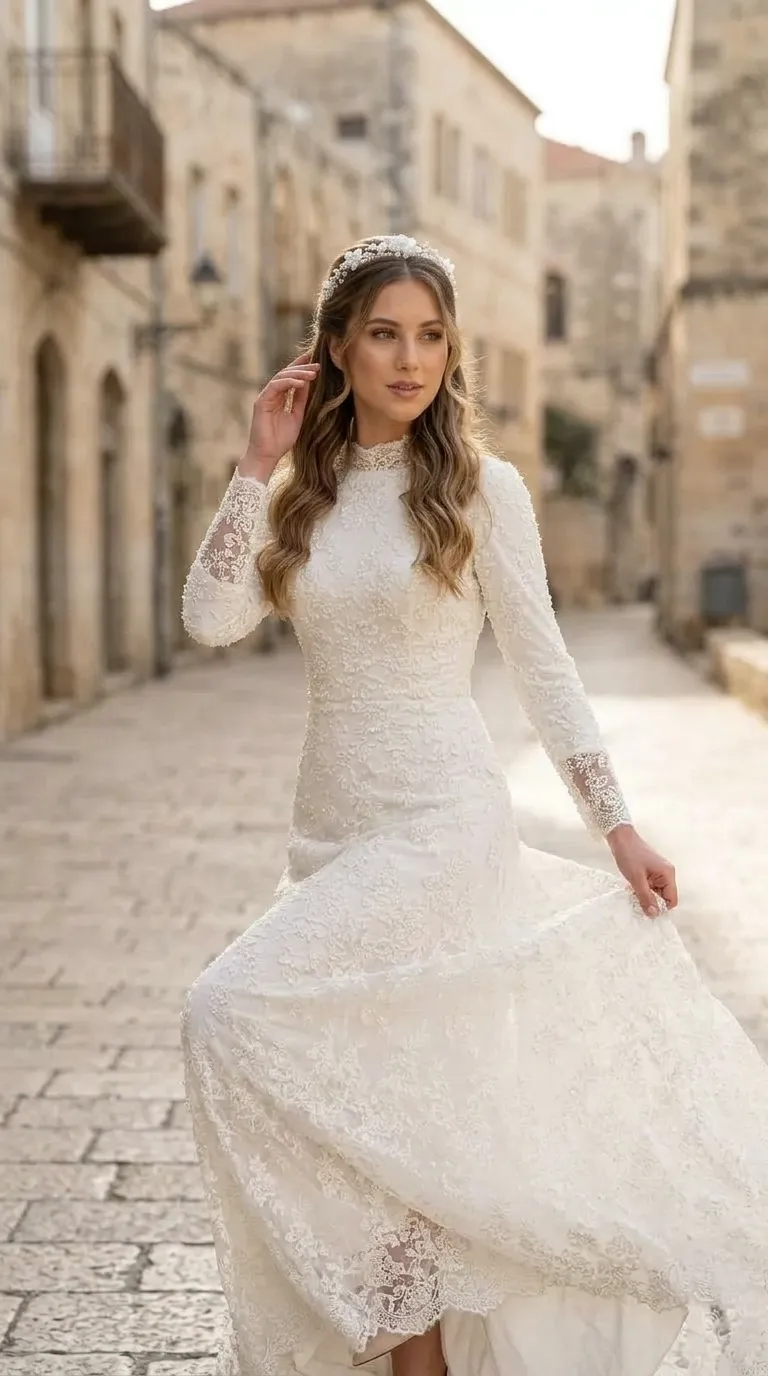 שמלת כלה בגזרה צמודה המתרחבת מעט בחלקה התחתון, עשויה כולה מבד תחרה פרחוני עשיר בשילוב עיטורי חרוזים עדינים המעניקים לה טקסטורה. לשמלה צווארון גבוה מעוצב ושרוולים ארוכים וצמודים הכוללים סיומת של תחרה שקופה בפרקי הידיים ומכפלת תחרה מעוטרת בתחתית החצאית.