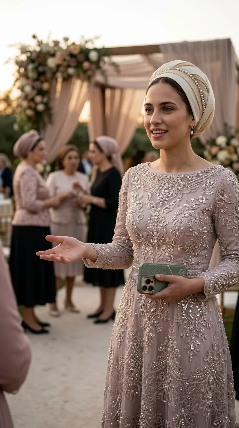 A long evening dress in an antique pink shade, with long sleeves and a round neckline, decorated throughout with rich lace embroidery, pearls and beads in ornamental patterns. The dress is designed in a classic A-line with a delicate accent at the waistline and pearl decorations that continue along the skirt.
