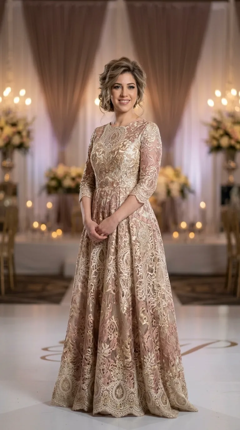 An A-line evening gown made from rich rose gold and gold lace with intricate floral embroidery and lace embellishments throughout. The dress features a closed round neckline and fitted three-quarter length sleeves that end in a delicate lace hem. The skirt of the dress flares from the waist down to the floor and features prominent lace patterns and a fringed hem.