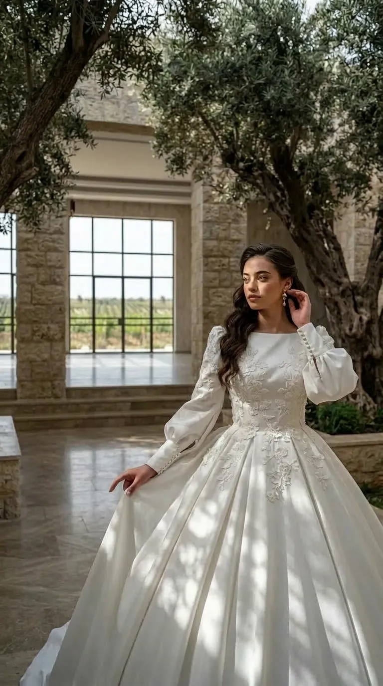 שמלת כלה בגזרת נשף נפוחה מבד סאטן לבן, הכוללת מחשוף סירה גבוה ועיטורי אפליקציות תחרה פרחוניות על המחוך והכתפיים. לשמלה שרוולים ארוכים ותפוחים עם חפתים צמודים המעוטרים בכפתורים קטנים, וחצאית קפלים רחבה ועשירה הממשיכה את מוטיב התחרה בחלקה העליון.