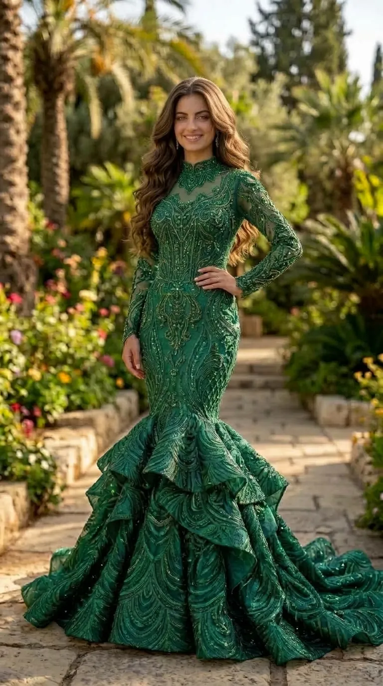 A deep emerald green mermaid evening gown featuring a high neckline and long sleeves adorned with beaded embroidery and rich lace in intricate patterns. The top of the garment is fitted and embellished throughout, while the skirt flares from the knees down in puffy layers of textured, cascading ruffles.