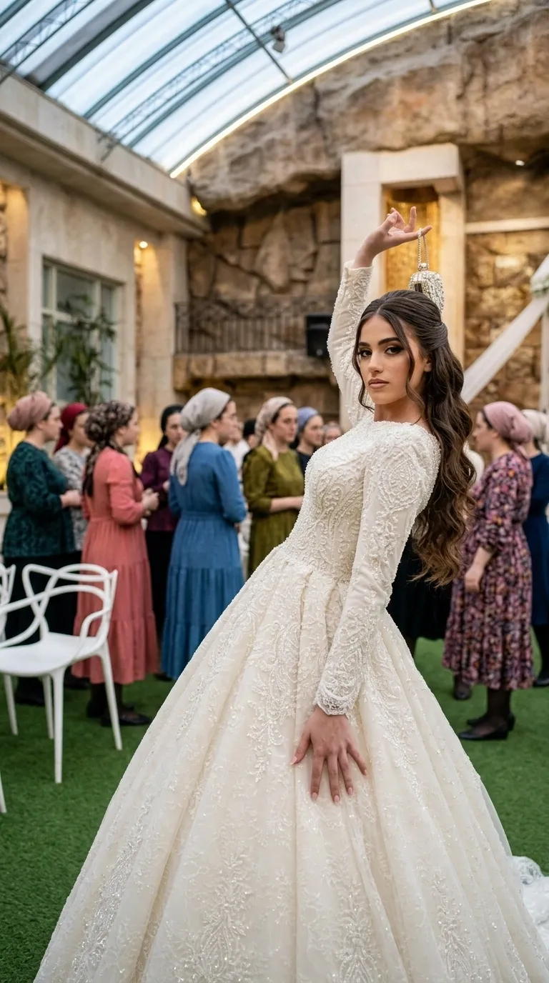 A luxurious, cream-colored, puffy princess-cut wedding dress with long, fitted sleeves and a high, round neckline. The dress is adorned throughout with delicate lace, beads, and pearls that create intricate floral patterns on a rich fabric. The wide tulle skirt incorporates matching lace trims that blend from the waist down for a regal, shimmering look.