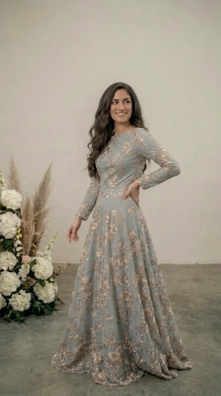 An A-line evening dress with long sleeves and a closed boat neckline, in a light gray shade decorated with rich floral embroidery with gold threads and pastel shades along the length. The dress has an accentuated waist and a floor-length skirt that gives it a classic and luxurious look.