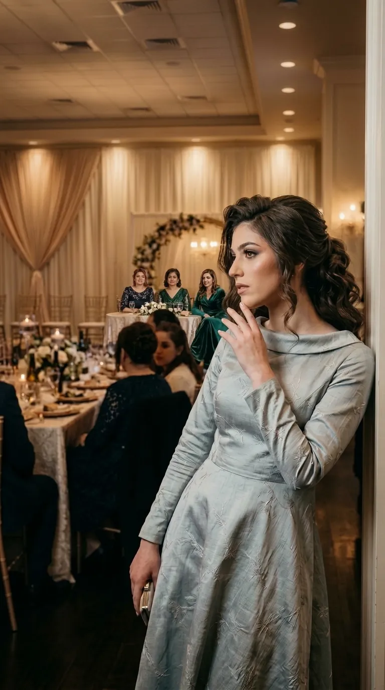 A-line evening dress in a silver-blue color, made of a fabric with a subtle sheen with a thin branch embroidery scattered across the garment. The dress has long, tight sleeves and a wide, structured boat neck with a subtle pleat that gives a classic look. The dress is fitted at the waist and flares into a full, impressive skirt.
