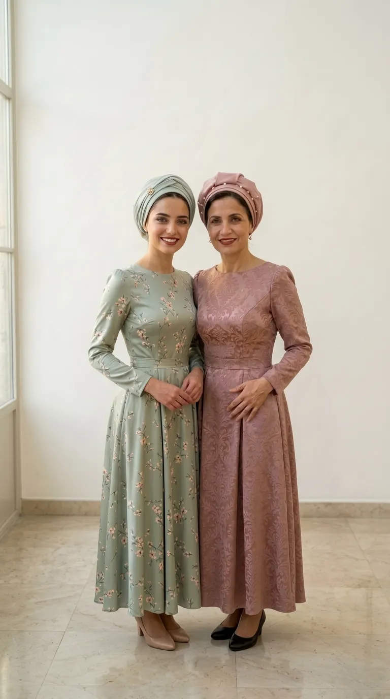 Modest maxi-length A-line evening dresses with a defined waist, long sleeves with subtle volume at the shoulders, and a round neckline. One dress is in a light green shade with a delicate floral print, and the other is in an antique pink shade made of jacquard fabric with a woven ornamental pattern and a prominent texture.