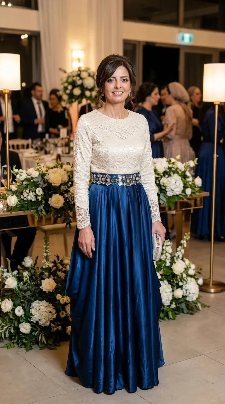 An evening dress consisting of a delicate cream-colored lace top, long sleeves and a high round collar. In the center of the dress is a wide belt decorated with striking blue and silver rhinestones, from which flows an A-line maxi skirt made of shiny blue satin with delicate fabric gathers.
