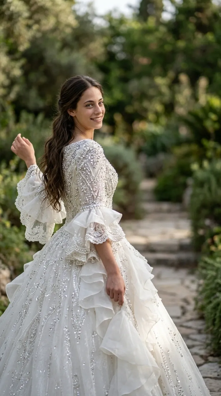 A white wedding dress with a puffy princess cut, richly decorated with beads, pearls and silver sequins in geometric and floral patterns throughout. The dress has a round neckline and sleeves that reach the elbow and end in wide tiered ruffles made of transparent chiffon fabric with a delicate lace trim. The skirt of the dress is rich in layers of fabric, includes side ruffles and vertical beading decorations that give it a luxurious and sparkling look.