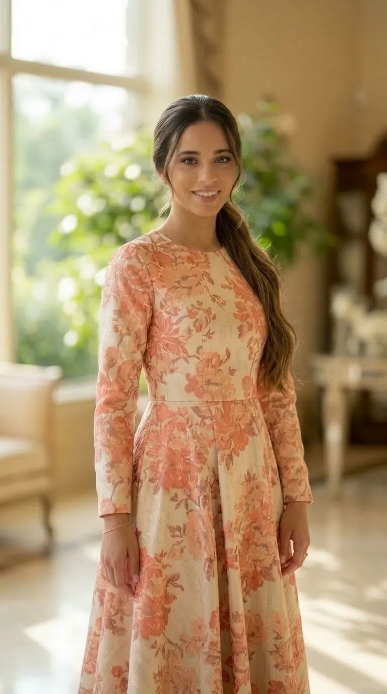 An evening dress with long sleeves and a closed round neckline, made of luxurious jacquard fabric with a large floral pattern in shades of peach and cream with a subtle sheen. The dress is characterized by an accentuated waist and a flared skirt in a classic A-line style.