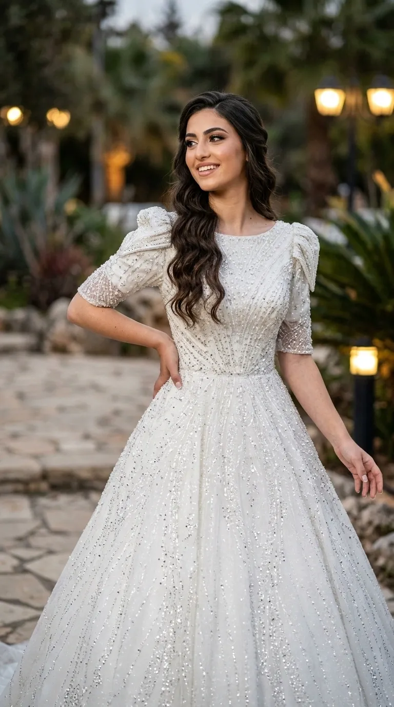 A white A-line wedding dress featuring a round neckline and elbow-length sleeves with bold, sculpted shoulders. The garment is adorned throughout with a rich inlay of sequins and beads in a radial pattern that radiates from the waist to the top and wide skirt.
