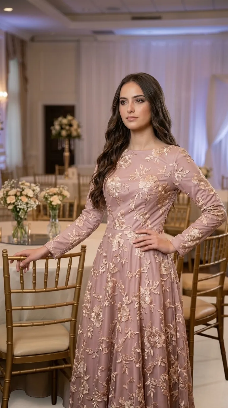 An antique pink evening dress in an A-line cut, featuring long sleeves and a closed boat neckline. The dress is decorated throughout with appliqués and rich floral embroidery in shades of gold and cream on a delicate fabric. The top is fitted at the waist and widens into a long, flowing skirt.