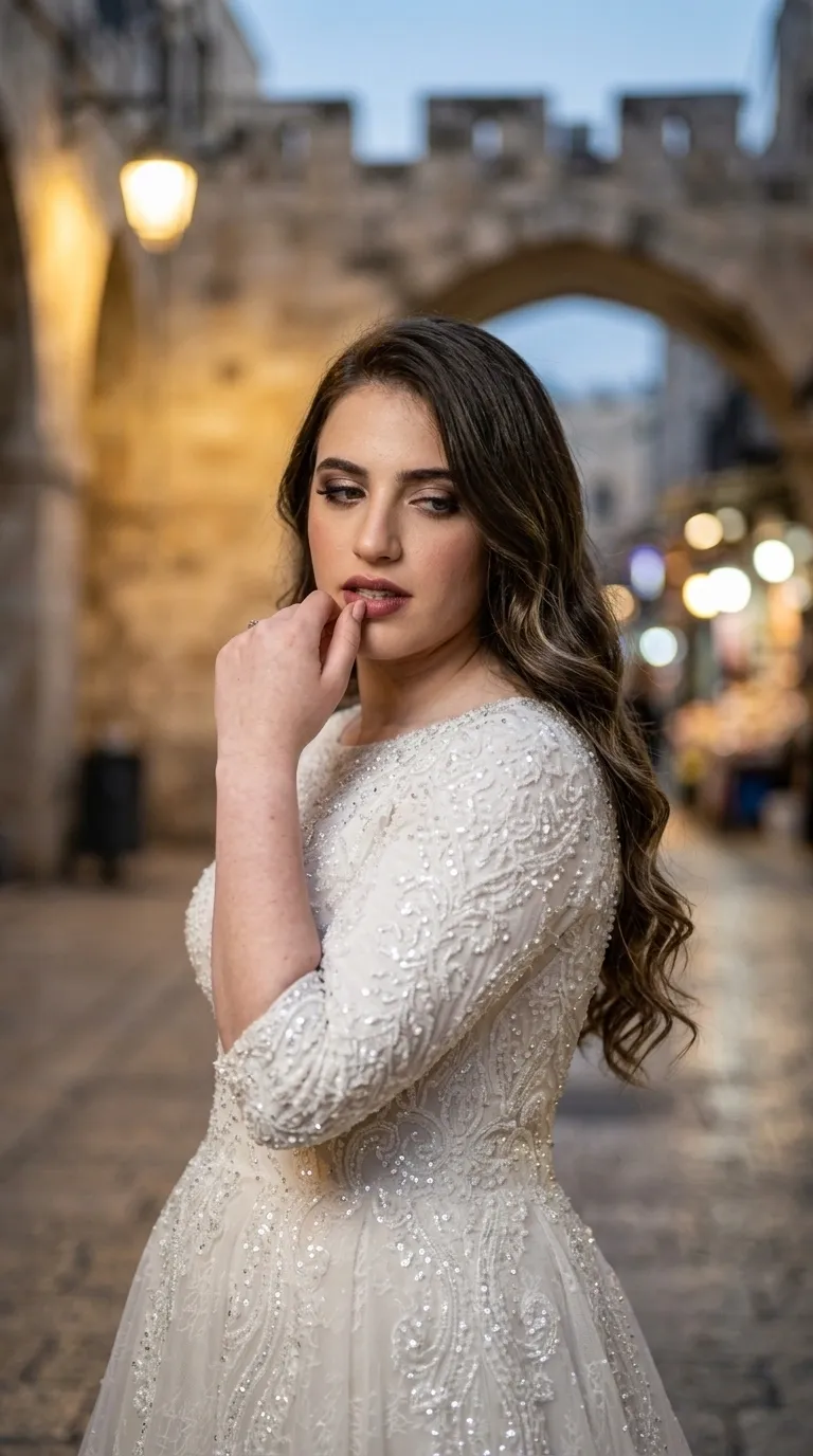 שמלת כלה לבנה בעלת מחשוף עגול ושרוולים באורך המרפק, המעוצבת בגזרה המדגישה את המותן. השמלה עשויה מבד עשיר המעוטר לכל אורכו ברקמת תחרה מורכבת בדוגמאות סלסולים וערבסקות, בשילוב פאייטים וחרוזים עדינים המעניקים לבגד מראה מנצנץ ויוקרתי.