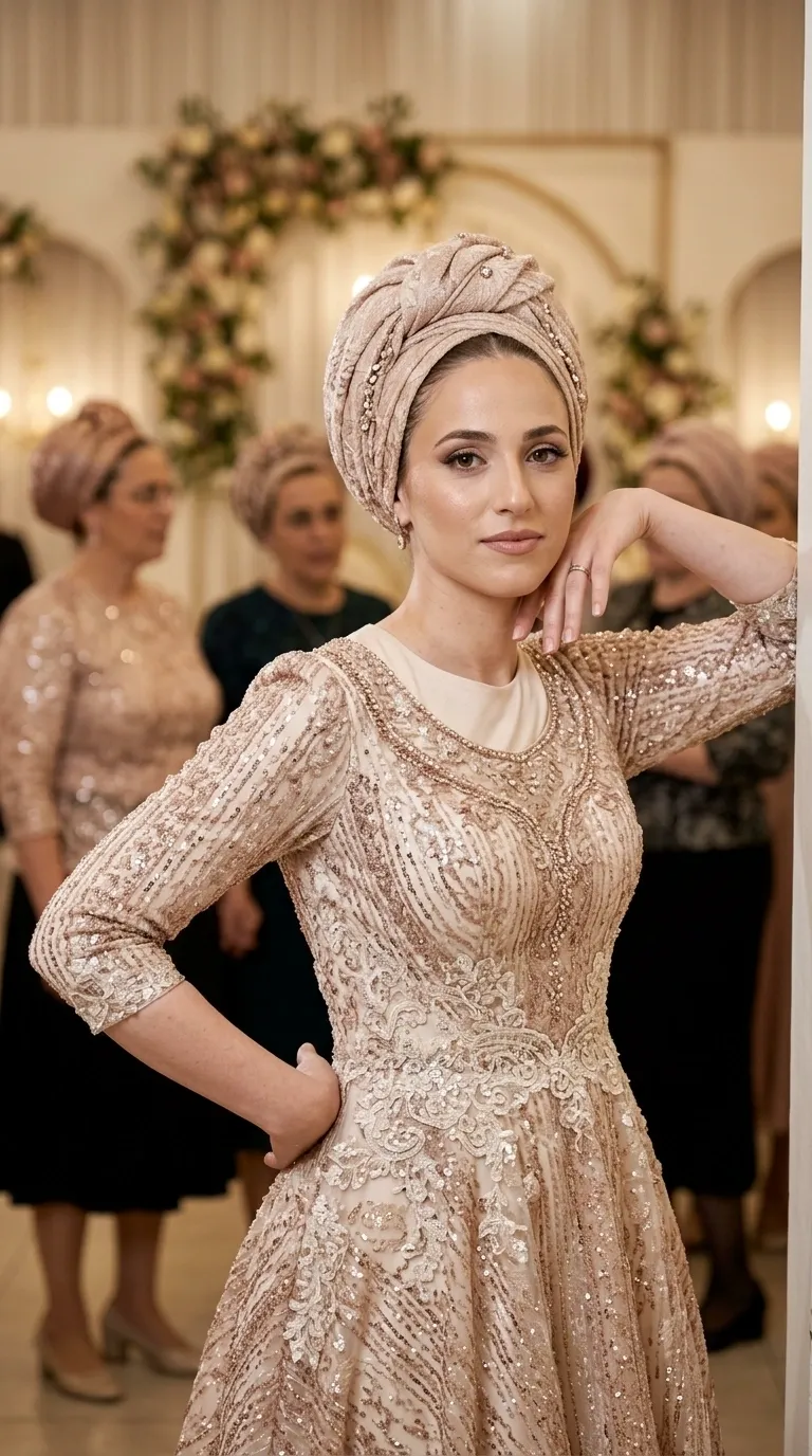 A modest wedding dress sewn with a personal design from high-quality fabrics and lace and beads, long sleeves and a boat neck.
