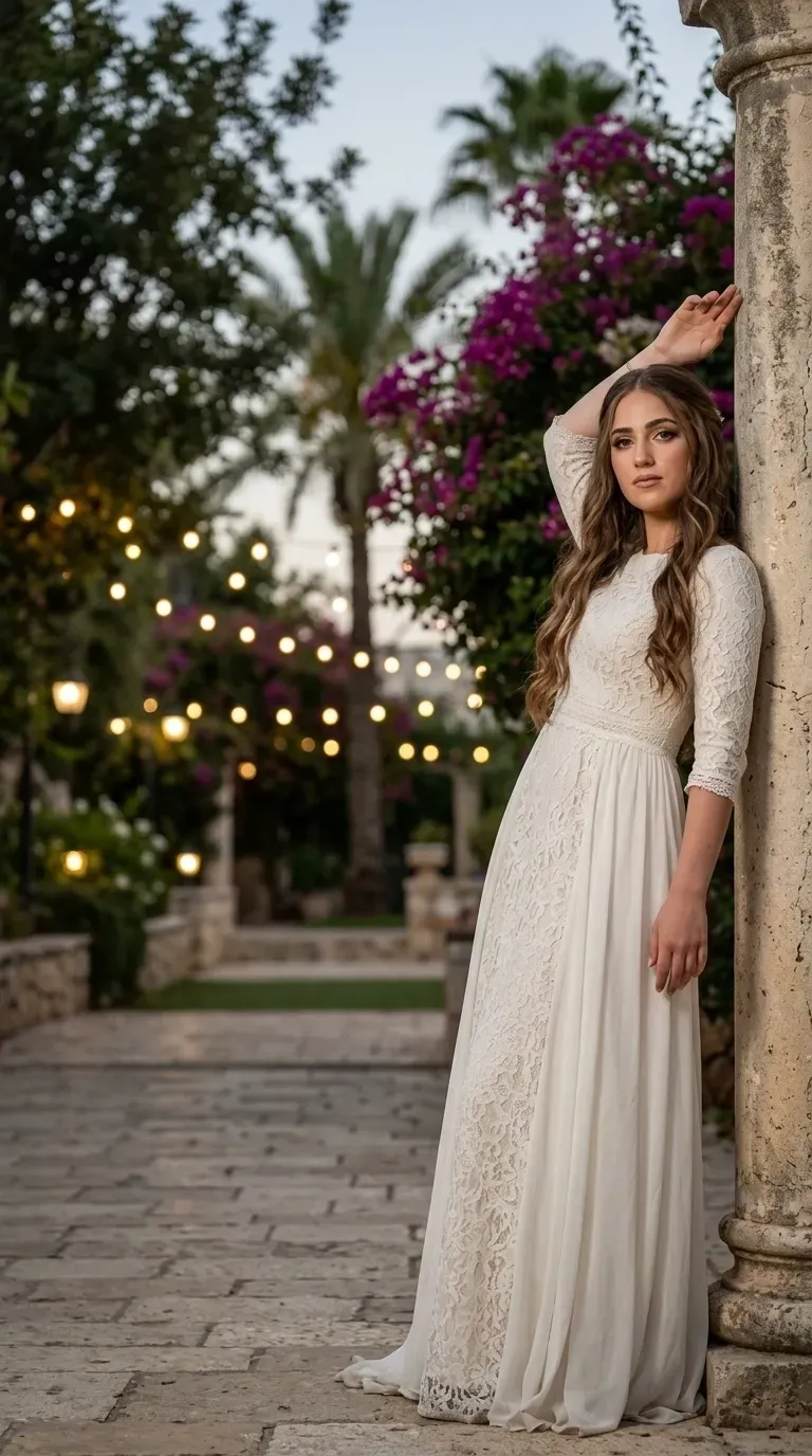 שמלת כלה בצבע אוף-ווייט עם חלק עליון עשוי תחרה בעלת דוגמאות פרחוניות, מחשוף עגול גבוה ושרוולי שלושה רבעים. חצאית השמלה נשפכת באורך מלא, ומשלבת בד שיפון רך עם רצועות תחרה אנכיות המעטרות את חלקה הקדמי. השמלה מעוצבת בגזרת A קלאסית עם הדגשה של קו המותן באמצעות פס תחרה תואם.