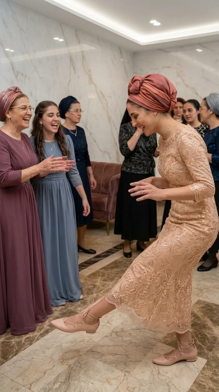A peach-champagne evening dress with a fitted cut that gently flares out at the bottom, made of rich lace fabric decorated with embroidery and shimmering sequins. The dress has a fitted round neckline and three-quarter-length sleeves, with a decorated lace trim at the sleeve ends and bottom hem.