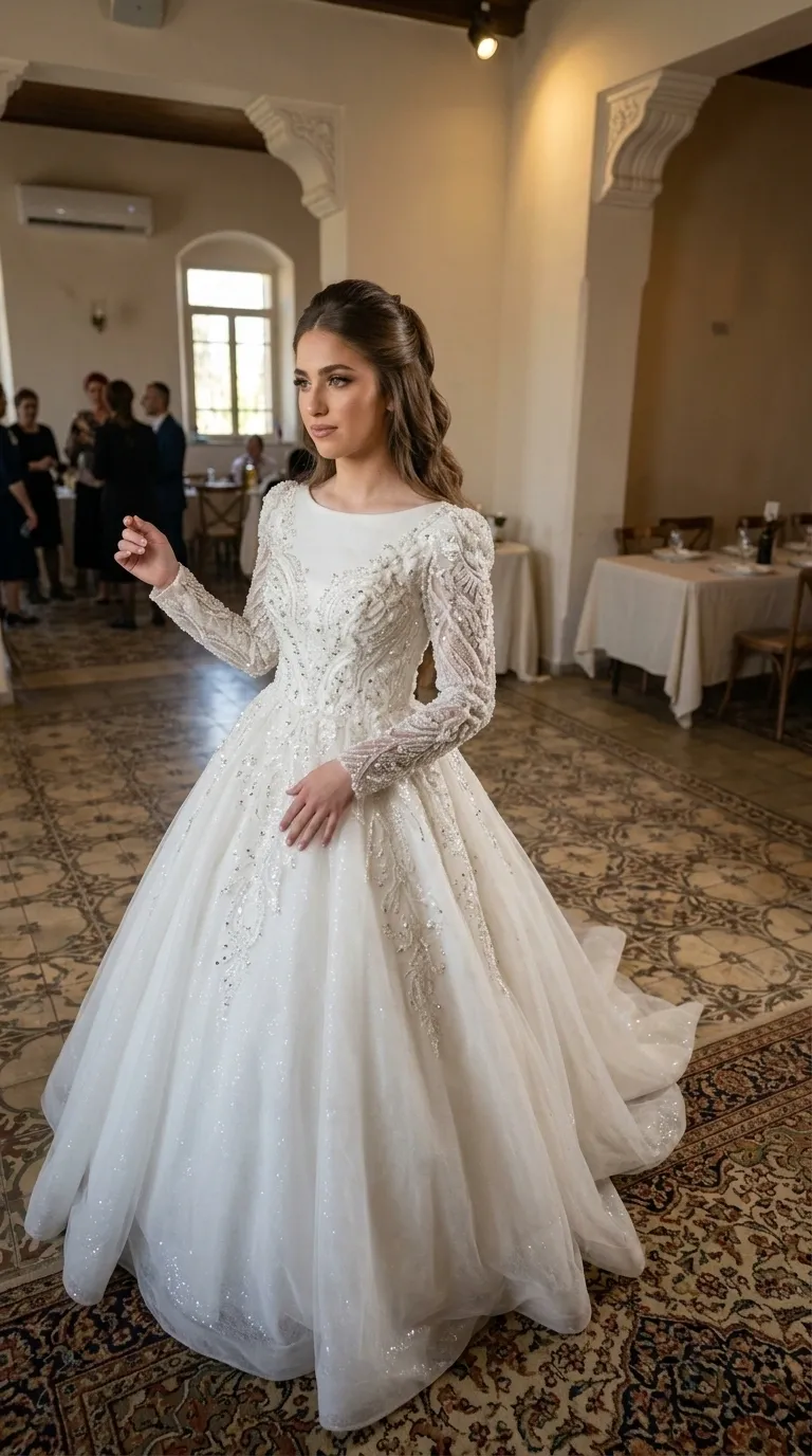 A white princess-cut wedding dress with a puffy skirt of shimmering tulle layers and a long train. The top is designed with a modest boat neckline and long sleeves decorated with rich handwork of beads, sequins and lace embroidery in intricate patterns. The shiny decorations cover the bodice and gently flow into the top of the skirt.
