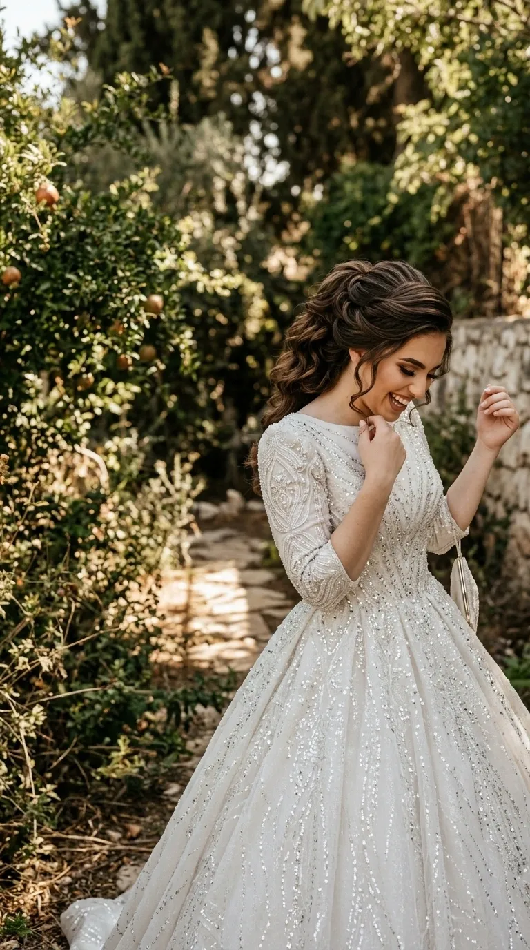 A luxurious white princess-cut wedding dress with a wide, puffy skirt, decorated throughout with beaded embroidery and sparkling sequins in patterns of delicate lines and embellishments. The dress has tight three-quarter sleeves and a high round neckline, with the rich embellishments covering all parts of the garment from the shoulders to the hem of the skirt.