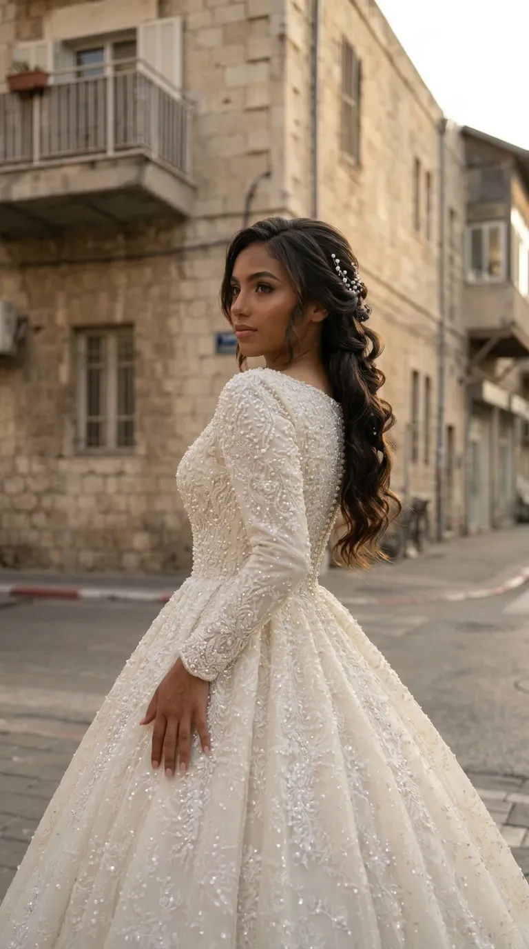 שמלת כלה בגזרת נסיכה נפוחה בעלת שרוולים ארוכים צמודים ומחשוף עגול גבוה, המעוטרת לכל אורכה בעבודת יד עשירה של תחרה מורכבת, פנינים וחרוזים מנצנצים. העיטורים המפורטים מעניקים לבגד טקסטורה תלת-ממדית יוקרתית המכסה את החלק העליון ואת החצאית הרחבה והמרשימה.