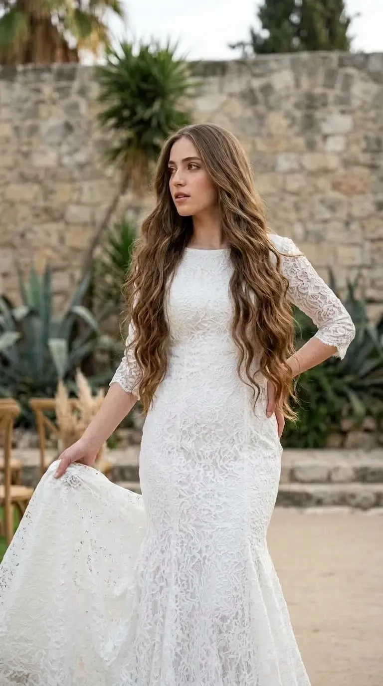 שמלת כלה לבנה בגזרת בת הים העשויה כולה מבד תחרה עשיר עם דוגמאות פרחוניות לאורכה. לשמלה צווארון סירה גבוה ושרוולים באורך שלושה רבעים העשויים תחרה שקופה למחצה, והיא מתרחבת מהברכיים ומטה ליצירת סיומת רחבה ואלגנטית.